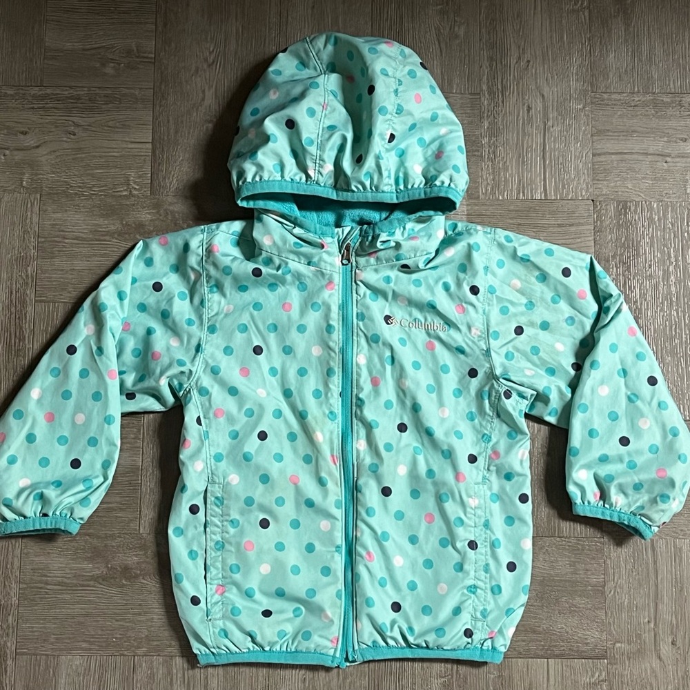 Columbia Sportswear Girls Size 3T Teal Polka Dot Windbreaker Jacket Hood Zip Up
